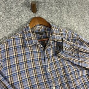 John Varvatos USA Mens Blue Brown Plaid Button Down Shirt Long Sleeve Size L